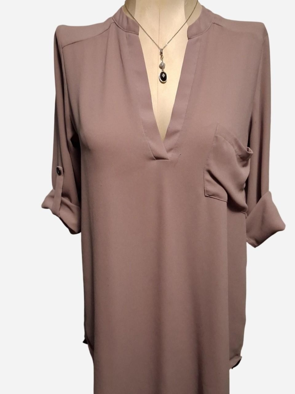 Lush Dusky Mauve V-Neck Roll-Sleeve Blouse